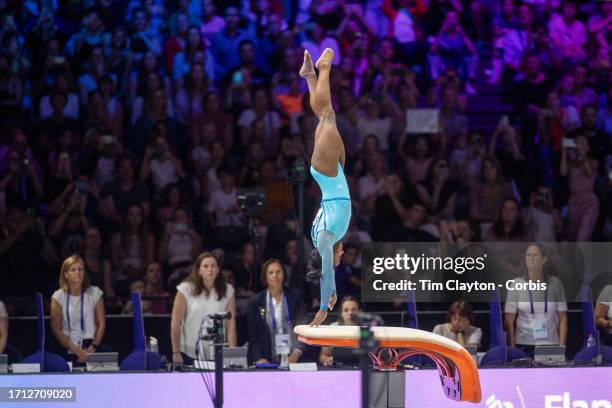 October 01: Simone Biles of the United States performs a vault during Women's Qualification at the Artistic Gymnastics World Championships-Antwerp...