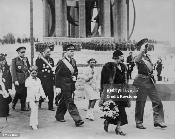 King Leopold III of Belgium unveils the National Memorial to King Albert I of Belgium at Nieuwpoort Bridge, Belgium, 24th July 1938. Walking behind...