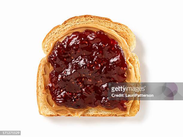 peanut butter and jam on toast - sliced white bread isolated stock pictures, royalty-free photos & images