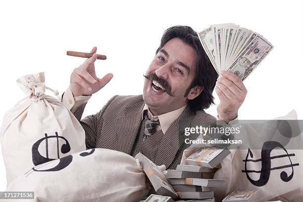 rich mann posieren mit geld taschen und dollar rechnungen - schnauzbart kaiserlich stock-fotos und bilder