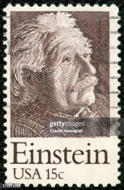 us postage stamp - albert einstein photo stockfoto's en -beelden