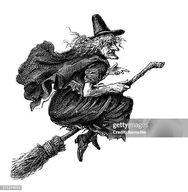 illustrations, cliparts, dessins animés et icônes de sorcière sur broomstick en 1883 journal - balai