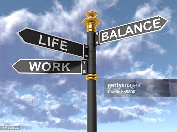 street signs signifying a work life balance - wegwijzer stockfoto's en -beelden