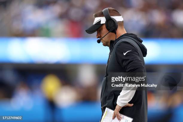 Head coach Josh McDaniels of the Las Vegas Raiders looks on during the second quarter against the Los Angeles Chargers at SoFi Stadium on October 01,...