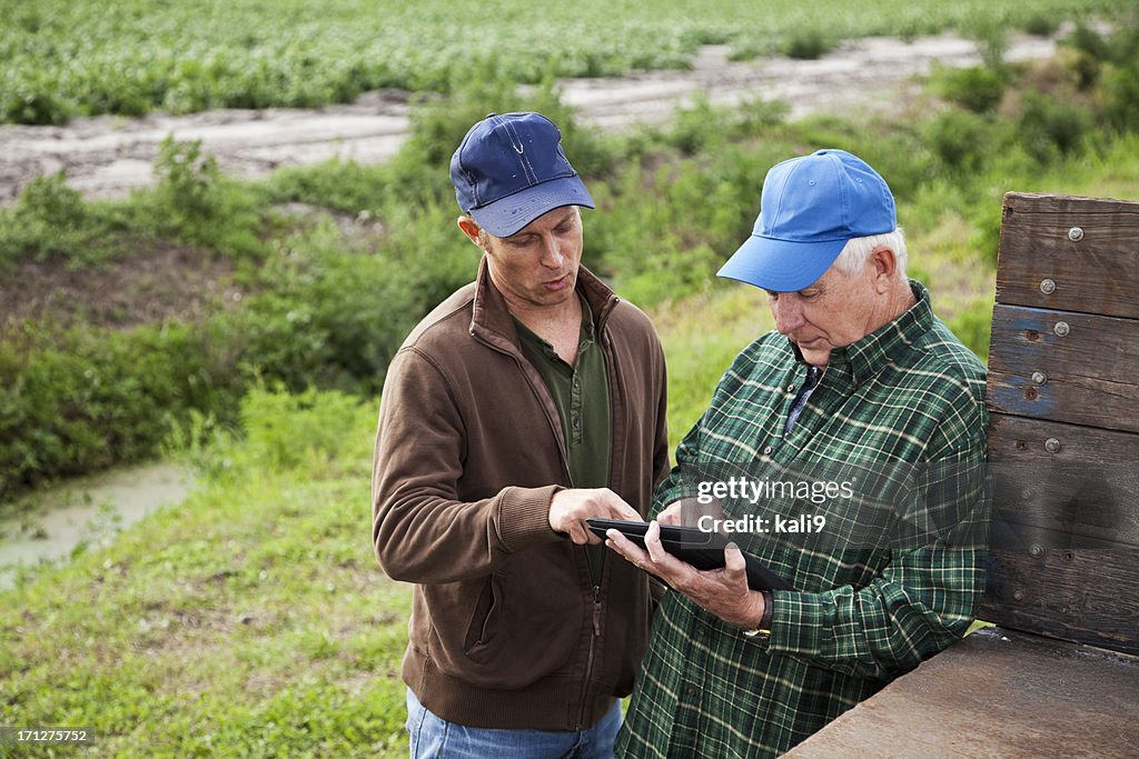 Landwirte verwenden digitale tablet auf Kartoffel-farm