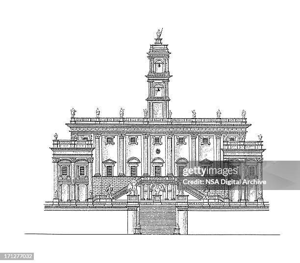 palazzo senatorio, rome, italy | antique architectural illustrations - national landmark stock illustrations