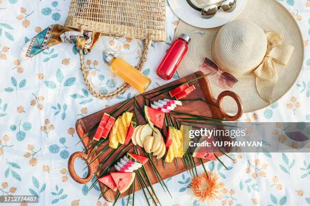 couple life outdoors picnic with tropical fruits - beach bag overhead stock pictures, royalty-free photos & images