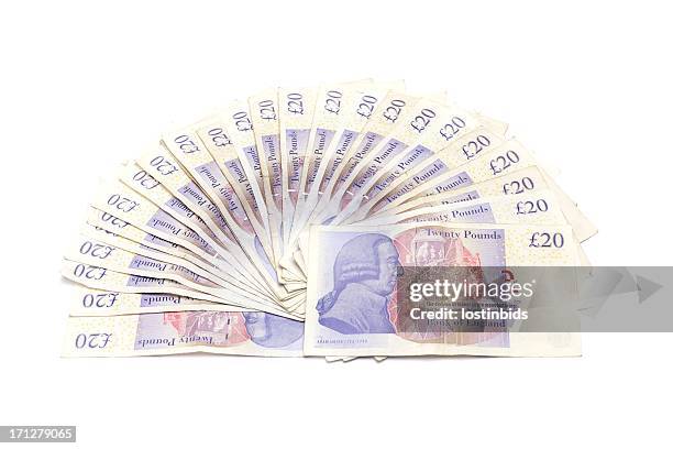 five hundred pounds isolated on white - twenty pound note 個照片及圖片檔