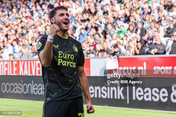 Santiago Gimenez of Feyenoord celebrates after scoring his teams second goal during the Dutch Eredivisie match between PEC Zwolle and Feyenoord at...
