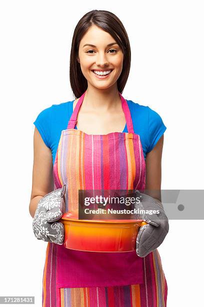 woman holding casserole dish - isolated - apron gloves stock pictures, royalty-free photos & images