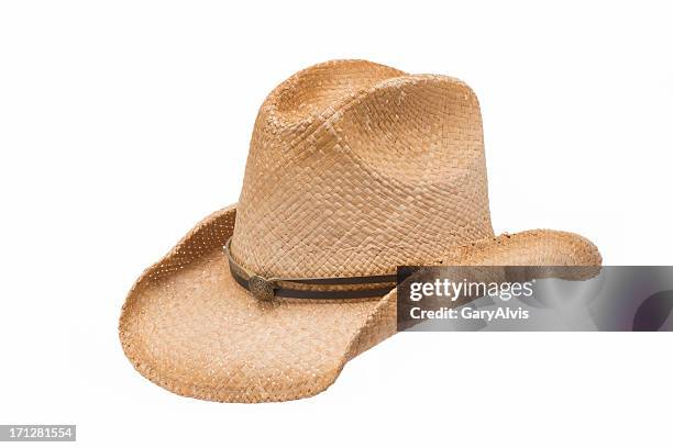 old west straw cowboy hat-isolated on white - straw hat stock pictures, royalty-free photos & images