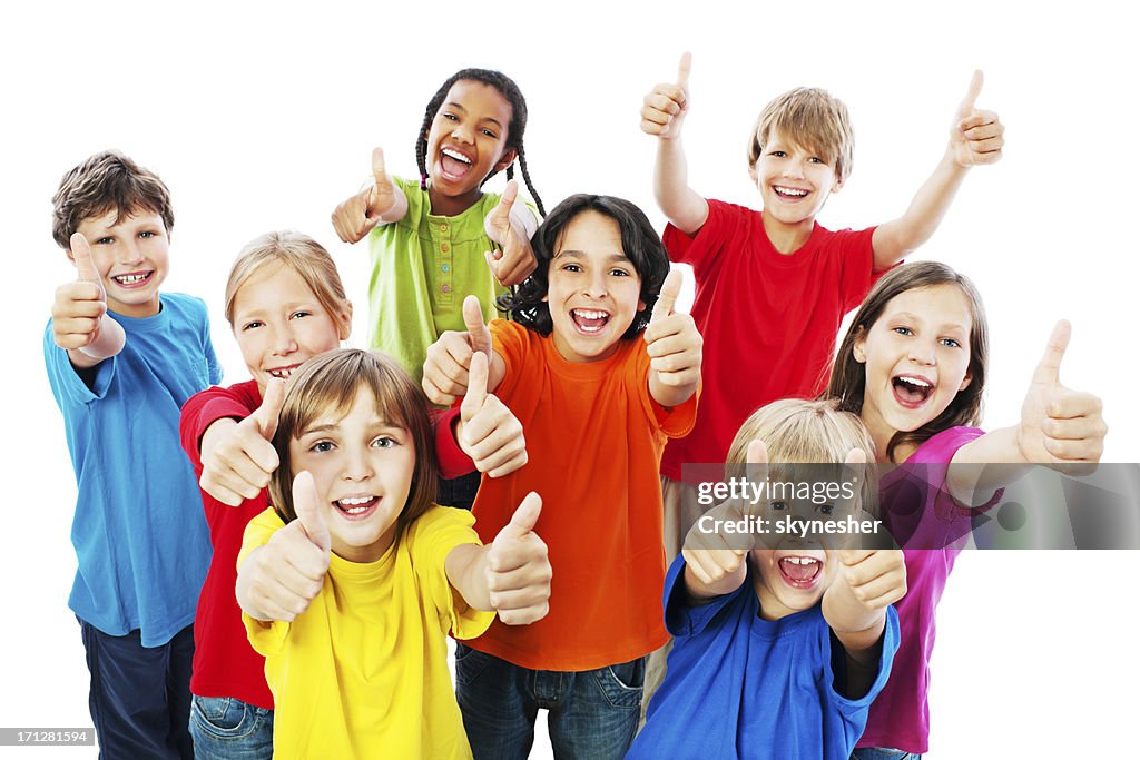 Group of kids with thumbs up.