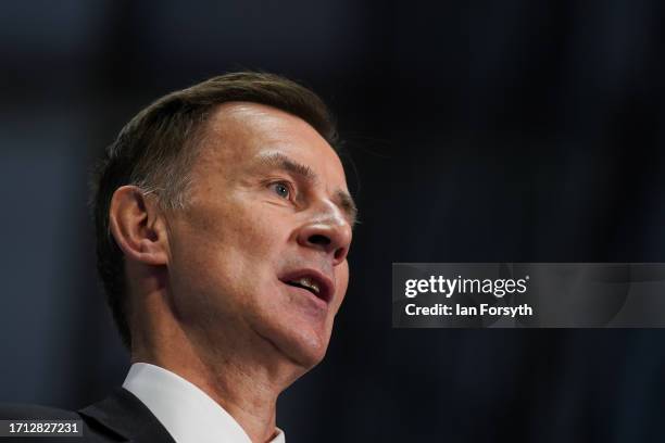 Jeremy Hunt, Chancellor of the Exchequer is interviewed by media on the second day of the the Conservative Party Conference on October 02, 2023 in...
