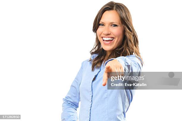 beautiful businesswoman pointing towards camera - woman index finger stock pictures, royalty-free photos & images