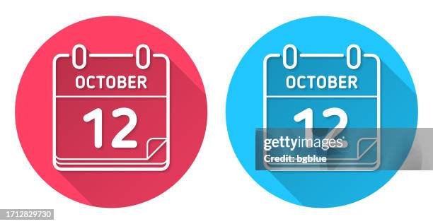 12. oktober. rundes symbol mit langem schatten auf rotem oder blauem hintergrund - 12 o'clock stock-grafiken, -clipart, -cartoons und -symbole
