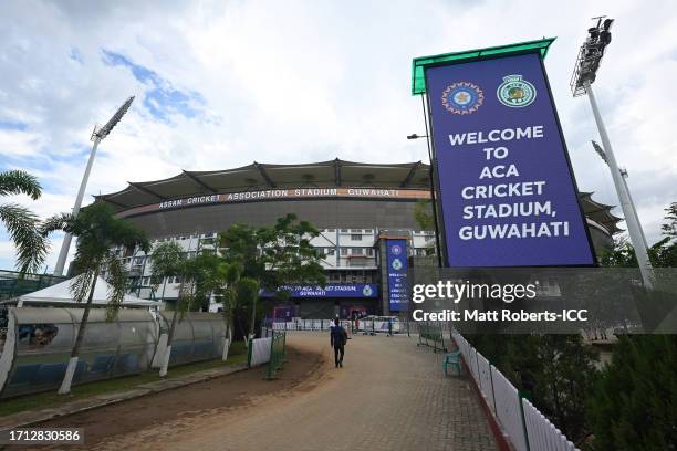 General view prior to the start of the ICC Men's Cricket World Cup India 2023 warm up match between England and Bangladesh at Barsapara Cricket...