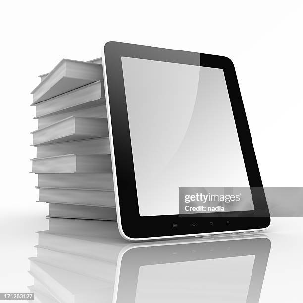 bücher und tablet-computer - tablet 3d stock-fotos und bilder