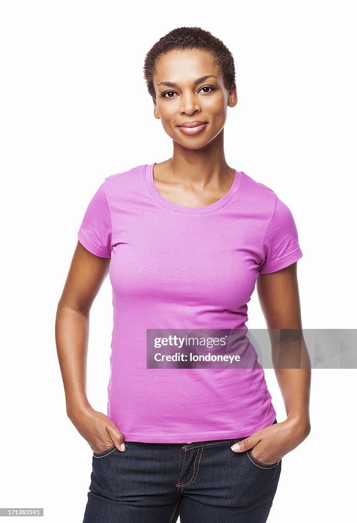 African American Woman Smiling With Hands In Pockets - Isolated