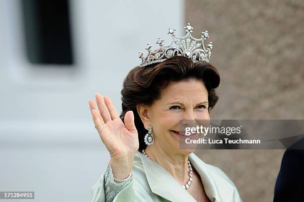 Queen Silvia of Sweden attend the wedding of Princess Madeleine of Sweden and Christopher O'Neill hosted by King Carl Gustaf and Queen Silvia at The...