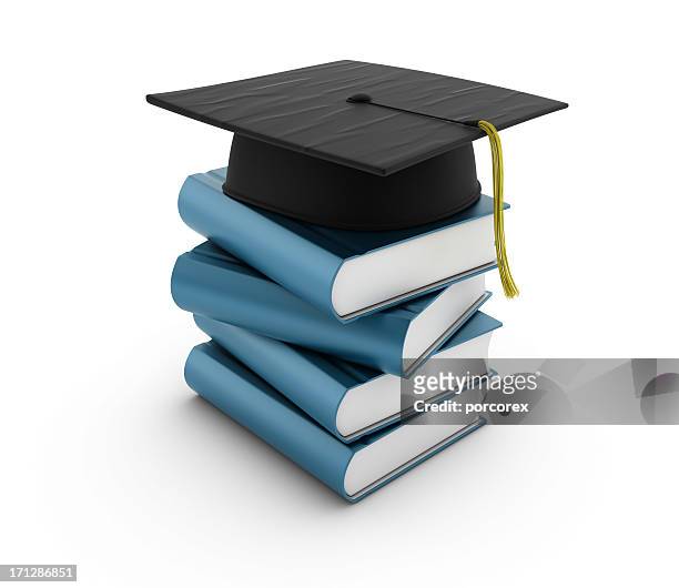 stack of books with graduation cap - blue hat stock pictures, royalty-free photos & images