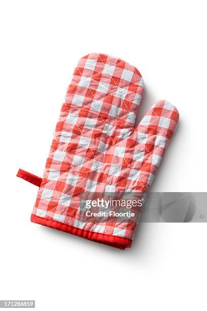 küchenutensilien: ofenhandschuh - red glove stock-fotos und bilder