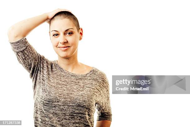 serene young woman - shaved head stockfoto's en -beelden