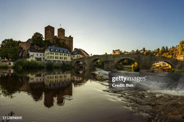 historic castle and old village runkel (hesse, germany) - castle background stock pictures, royalty-free photos & images