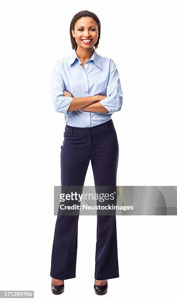 beautiful businesswoman standing with hands folded - isolated - african american businesswoman isolated stockfoto's en -beelden