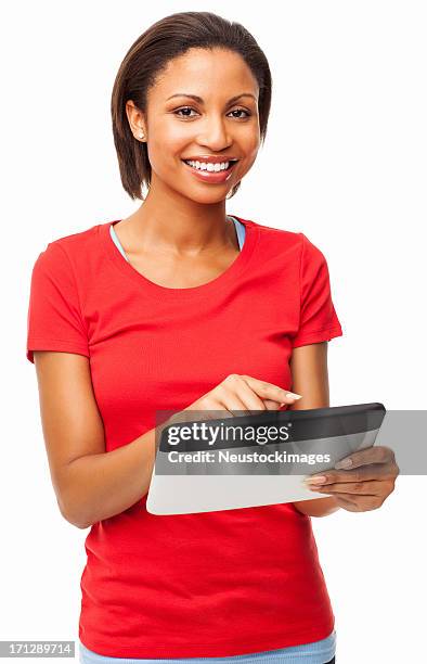 happy young female using digital tablet - isolated - red shirt stock pictures, royalty-free photos & images