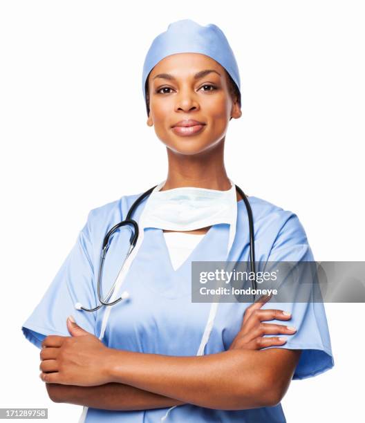 zuversichtlich african american weibliche chirurg-isoliert - chirurgenkappe stock-fotos und bilder
