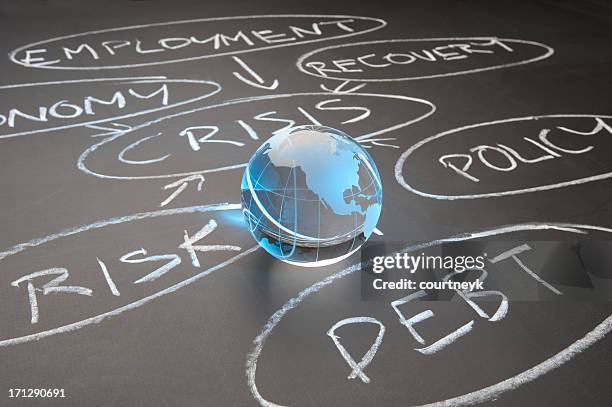 debt crisis flowchart on a chalkboard - economy recovery stock pictures, royalty-free photos & images