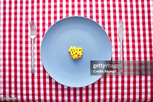 austere food: modern blue plate on checkered table cloth - scarce stock pictures, royalty-free photos & images