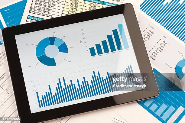 modern working desk with digital tablet - charts and graphs stock pictures, royalty-free photos & images