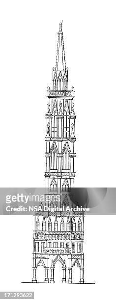 illustrazioni stock, clip art, cartoni animati e icone di tendenza di torre del municipio di bruxelles, belgio/antique illustrazioni architettonico - regione di bruxelles capitale