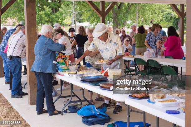 pitch in dinner at the picnic shelter - windbreak stock pictures, royalty-free photos & images