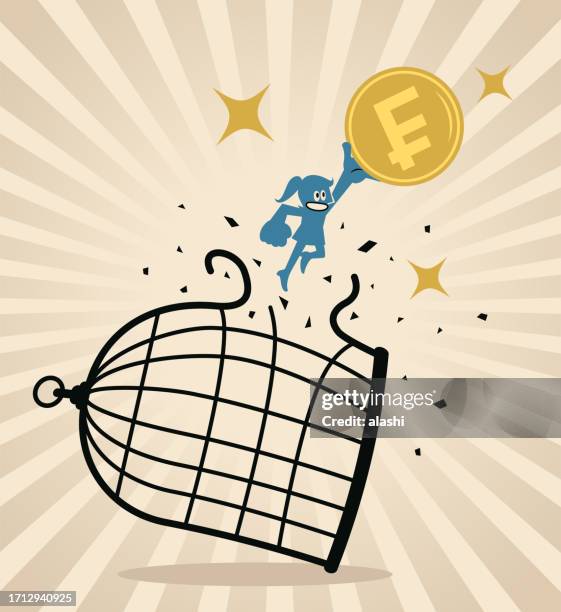 ilustraciones, imágenes clip art, dibujos animados e iconos de stock de una mujer de negocios rompe la jaula con su dinero, rompiendo barreras, libertad financiera, el poder de la riqueza, desbloqueando el éxito y rompiendo el molde - business model strategy