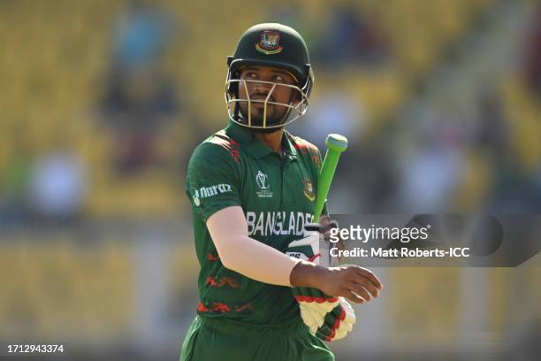 Najmul Hossain Shanto of Bangladesh looks dejected after being dismissed by Reece Topley of England during the coss toss before the ICC Men's Cricket...