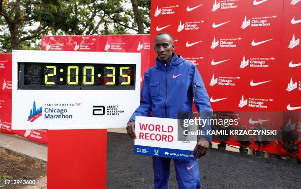 Kenya's Kelvin Kiptum celebrates winning the 2023 Bank of America Chicago Marathon in Chicago, Illinois, in a world record time of two hours and 35...