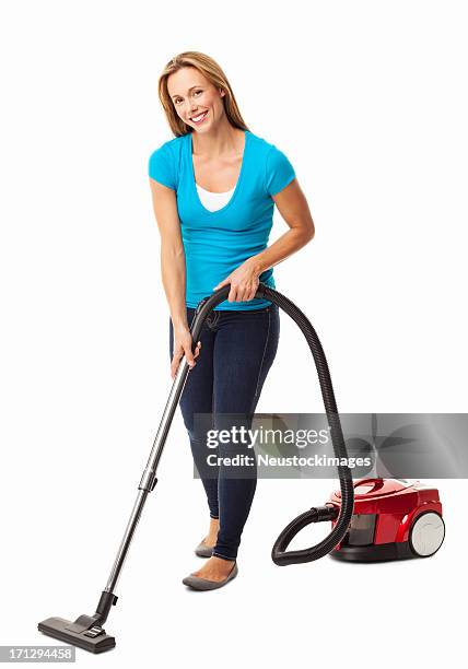 mid adult woman vacuum cleaning - isolated - vacuum cleaner woman stockfoto's en -beelden