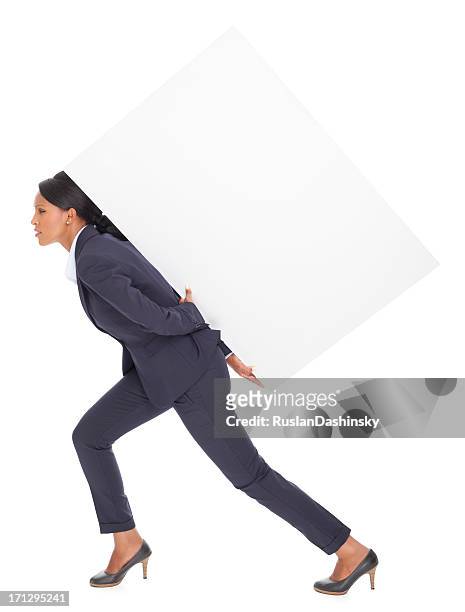 business woman carrying blank billboard. - big fat white women stock pictures, royalty-free photos & images