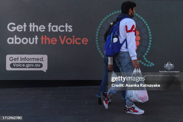 Voice referendum advertising by the Australian Government is displayed at Federation Square on October 02, 2023 in Melbourne, Australia. On October...