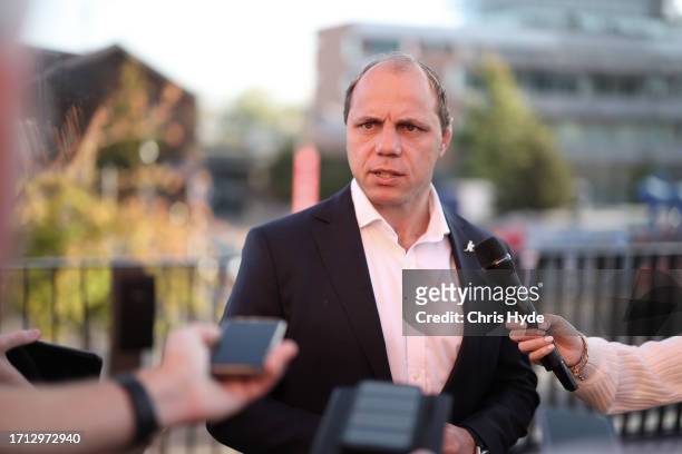Rugby Australia CEO Phil Waugh speaks to the media on October 02, 2023 in Saint-Etienne, France.