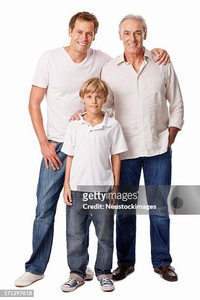 grandfather with son and grandson - isolated - jeans for boys stock pictures, royalty-free photos & images