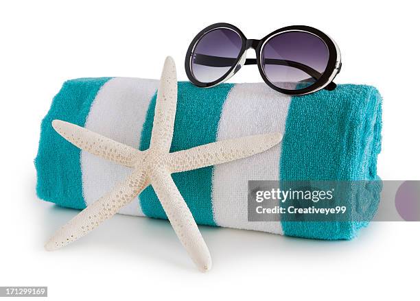 beach towel and sun glasses - beach towel stock pictures, royalty-free photos & images