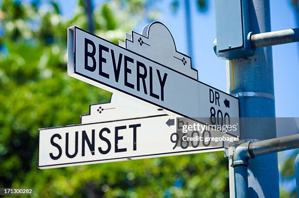 sunset boulevard & beverly drive signs in california - beverly hills sign stock pictures, royalty-free photos & images