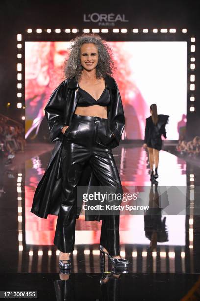 Andie MacDowell walks the runway during "Le Défilé L'Oréal Paris - Walk Your Worth" Show as part of Paris Fashion Week at the Eiffel Tower on October...