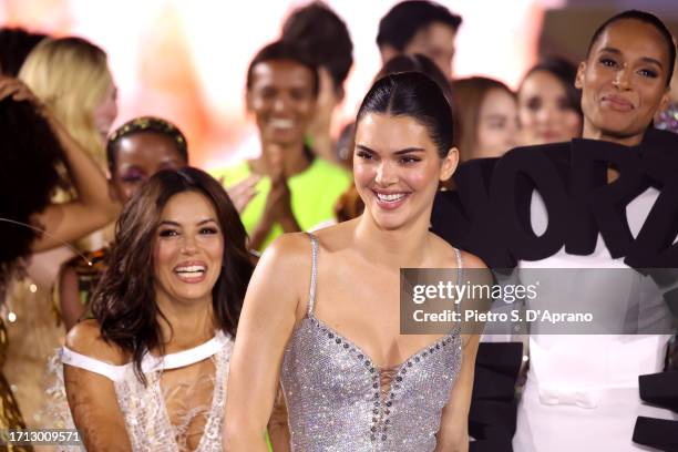 Eva Longoria, Kendall Jenner and Cindy Bruna walk the runway during "Le Défilé L'Oréal Paris - Walk Your Worth" Show as part of Paris Fashion Week at...