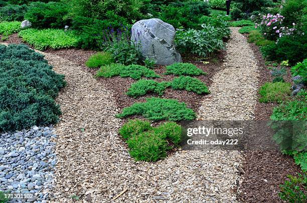 garden path with mulch - mulch stock pictures, royalty-free photos & images