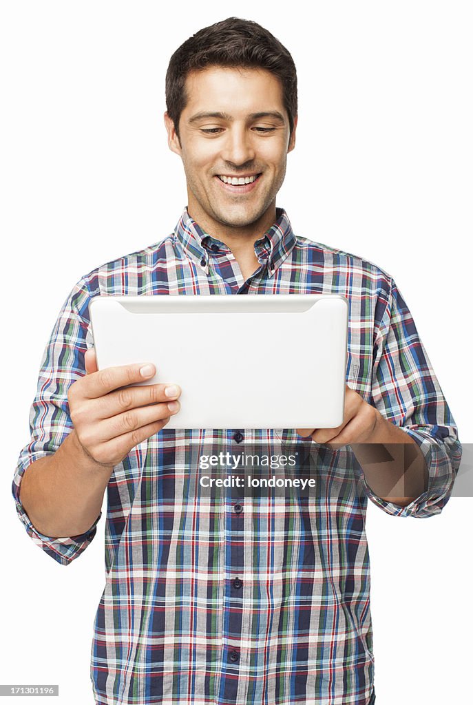 Junger Mann mit digitalen Tablet-isoliert