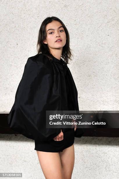 Model poses backstage prior to the Stella McCartney Womenswear Spring/Summer 2024 show as part of Paris Fashion Week on October 02, 2023 in Paris,...